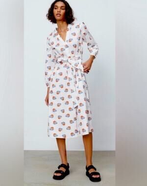 Zara Midi Shirt Dress Poplin Belted Floral White Preppy Career Pockets Size S